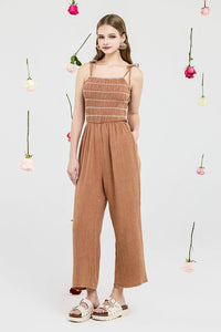 The Laramie Smocked Cotton Gauze Jumpsuit – Adjustable Straps, Wide Leg Fit & Pockets