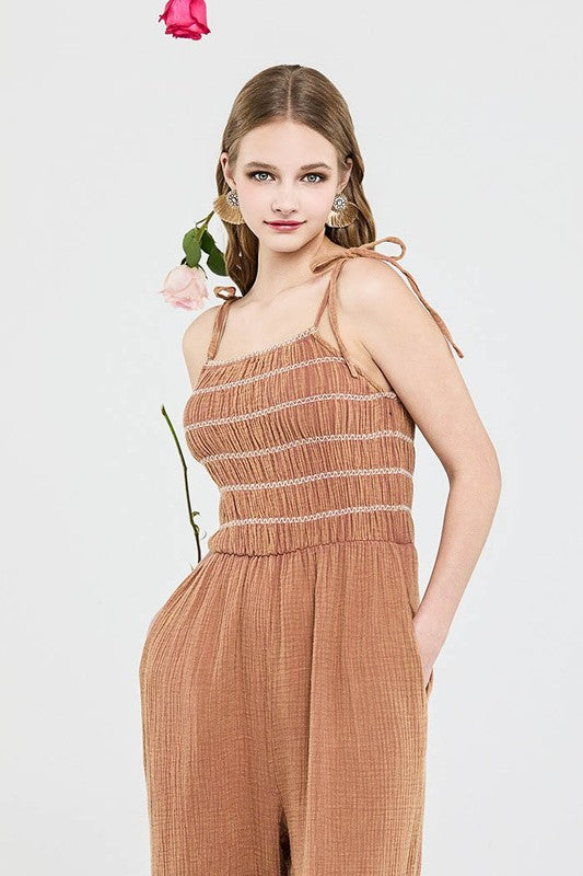 The Laramie Smocked Cotton Gauze Jumpsuit – Adjustable Straps, Wide Leg Fit & Pockets