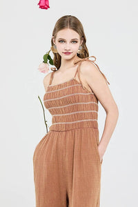 The Laramie Smocked Cotton Gauze Jumpsuit – Adjustable Straps, Wide Leg Fit & Pockets