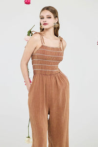 The Laramie Smocked Cotton Gauze Jumpsuit – Adjustable Straps, Wide Leg Fit & Pockets