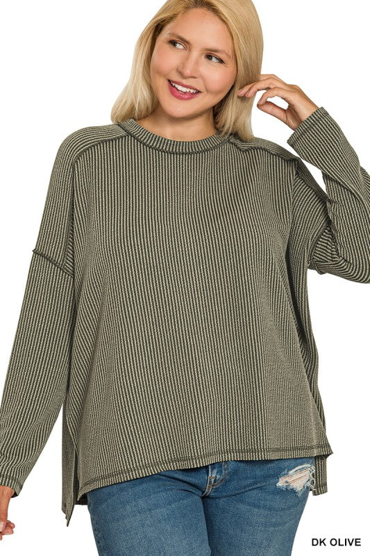 Savanna Ribbed Raw Edge Plus Size Pullover Top – Dark Olive & Teal