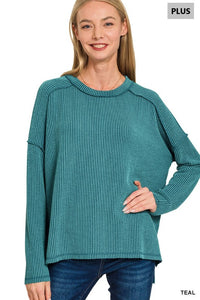 Savanna Ribbed Raw Edge Plus Size Pullover Top – Dark Olive & Teal