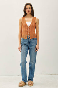 Sunset Dreams Crochet Knit Vest: Apricot | Boho Chic Open-Front Crochet Top with Tie Closure | Women's Layering Piece for Spring & Summe