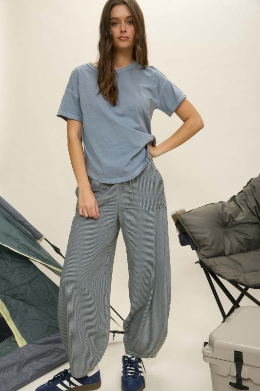 The Fern Parachute Stripe Denim Pant – High Waist Wide Leg with Drawstring Tie