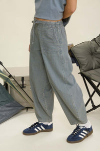 The Fern Parachute Stripe Denim Pant – High Waist Wide Leg with Drawstring Tie