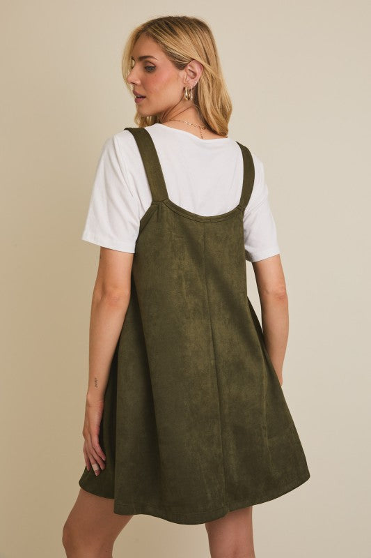 The Sadie Suede Overall Dress – Olive A-Line Pinafore with Pockets