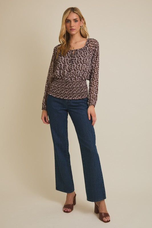 Hazel Ditsy Floral Smocked Waist Top – Long Sleeve Round Neck Blouse with Front Tie