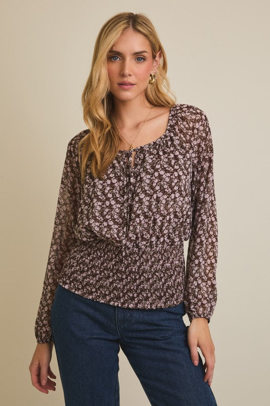 Hazel Ditsy Floral Smocked Waist Top – Long Sleeve Round Neck Blouse with Front Tie