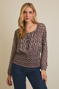 Hazel Ditsy Floral Smocked Waist Top – Long Sleeve Round Neck Blouse with Front Tie