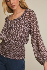 Hazel Ditsy Floral Smocked Waist Top – Long Sleeve Round Neck Blouse with Front Tie