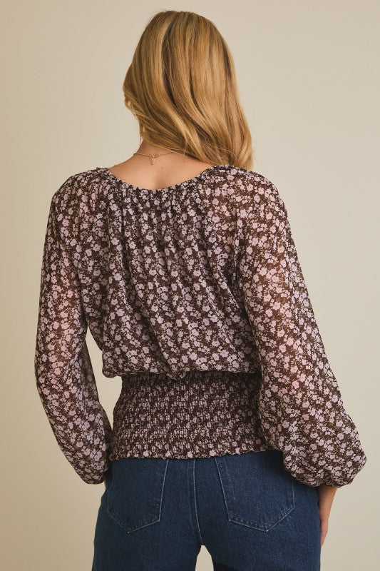 Hazel Ditsy Floral Smocked Waist Top – Long Sleeve Round Neck Blouse with Front Tie