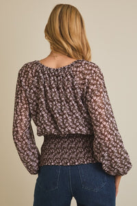 Hazel Ditsy Floral Smocked Waist Top – Long Sleeve Round Neck Blouse with Front Tie