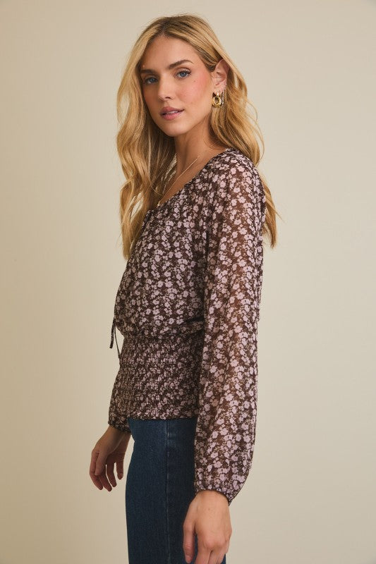 Hazel Ditsy Floral Smocked Waist Top – Long Sleeve Round Neck Blouse with Front Tie