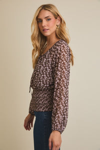 Hazel Ditsy Floral Smocked Waist Top – Long Sleeve Round Neck Blouse with Front Tie
