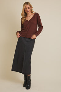 The Lanie Reversible Button-Down Cardigan – Deep Mocha Ribbed Knit