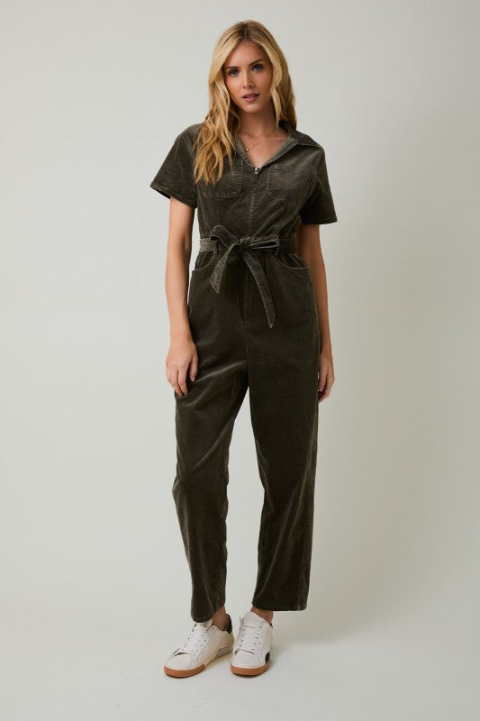 Camden Corduroy Utility Jumpsuit – Olive Green Half Sleeve Zip-Up One Piece