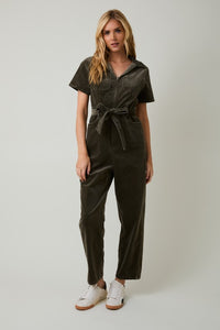Camden Corduroy Utility Jumpsuit – Olive Green Half Sleeve Zip-Up One Piece