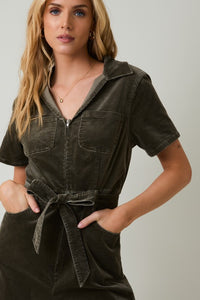 Camden Corduroy Utility Jumpsuit – Olive Green Half Sleeve Zip-Up One Piece
