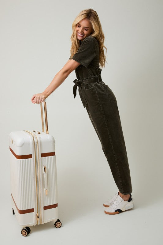 Camden Corduroy Utility Jumpsuit – Olive Green Half Sleeve Zip-Up One Piece