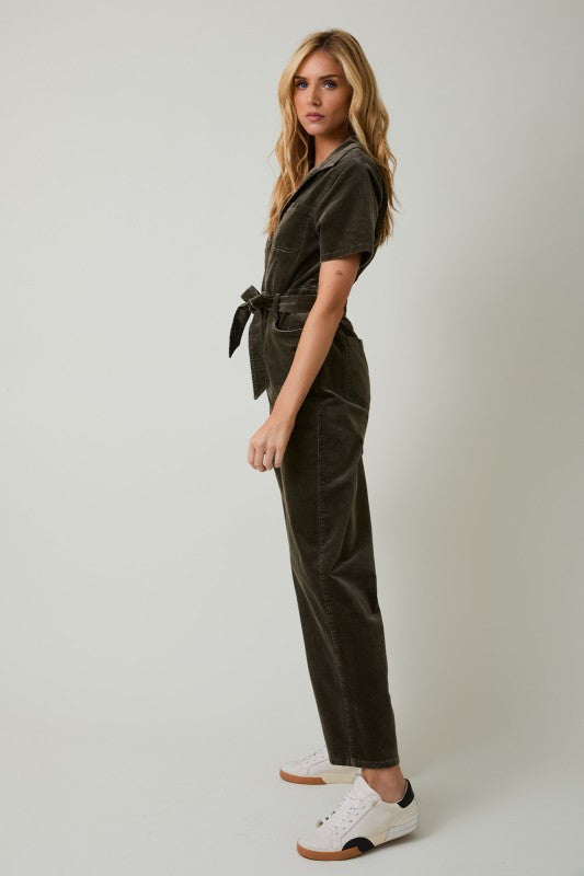 Camden Corduroy Utility Jumpsuit – Olive Green Half Sleeve Zip-Up One Piece