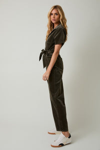 Camden Corduroy Utility Jumpsuit – Olive Green Half Sleeve Zip-Up One Piece