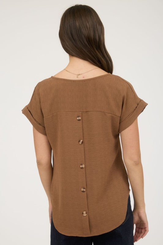The Hadley Back Button Woven Blouse – Warm Chestnut
