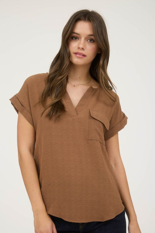The Hadley Back Button Woven Blouse – Warm Chestnut