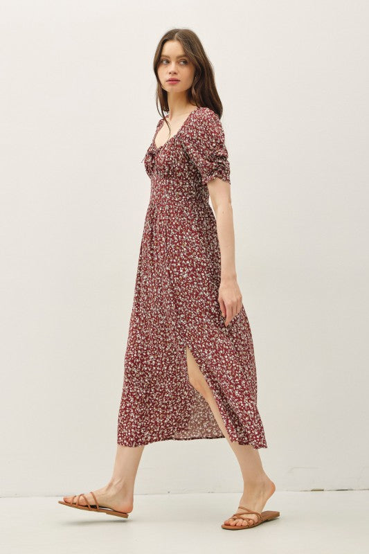 Willow Floral Smocked Midi Dress: Brick – Square Neck Ruched Bust, Lightweight Side Slit Sundress