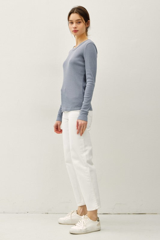 Sloane Ribbed Long Sleeve Round Neck Top – Soft Stretch Layering Essential (S–L)