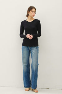 Sloane Ribbed Long Sleeve Round Neck Top – Soft Stretch Layering Essential (S–L)