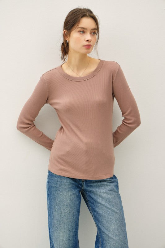 Sloane Ribbed Long Sleeve Round Neck Top – Soft Stretch Layering Essential (S–L)