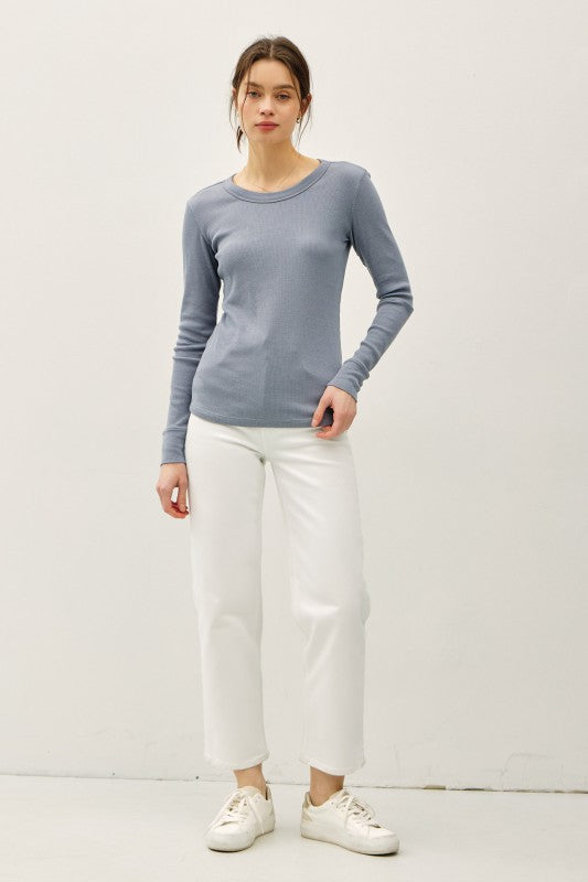 Sloane Ribbed Long Sleeve Round Neck Top – Soft Stretch Layering Essential (S–L)