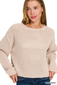 Hadley Sand Beige Textured Knit Drop Shoulder Sweater – Women’s Lightweight Cotton Pullover