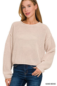 Hadley Sand Beige Textured Knit Drop Shoulder Sweater – Women’s Lightweight Cotton Pullover