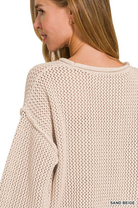 Hadley Sand Beige Textured Knit Drop Shoulder Sweater – Women’s Lightweight Cotton Pullover
