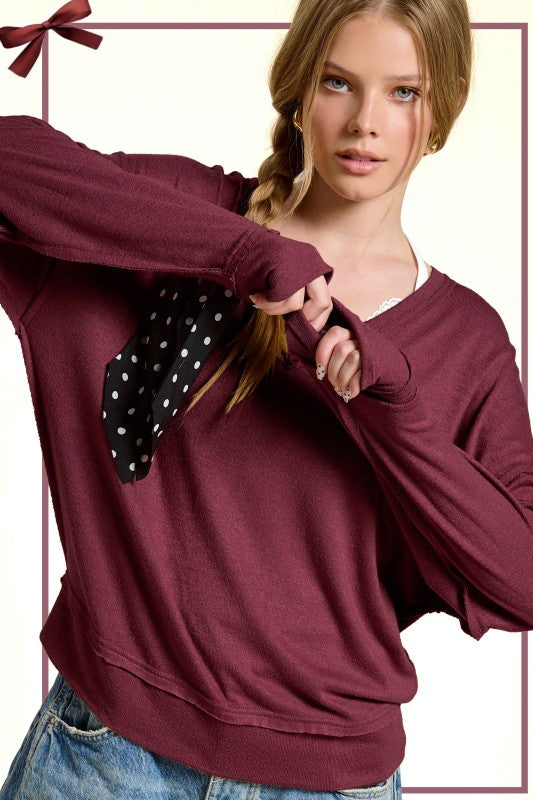 Harper Wine V-Neck Slouchy Long Sleeve Knit Top – Relaxed Fit Sweater for Women