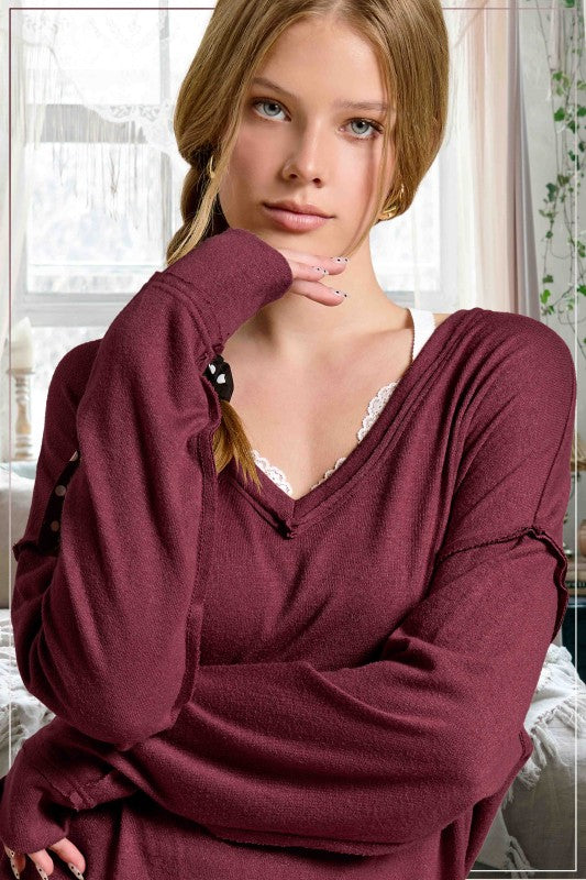 Harper Wine V-Neck Slouchy Long Sleeve Knit Top – Relaxed Fit Sweater for Women