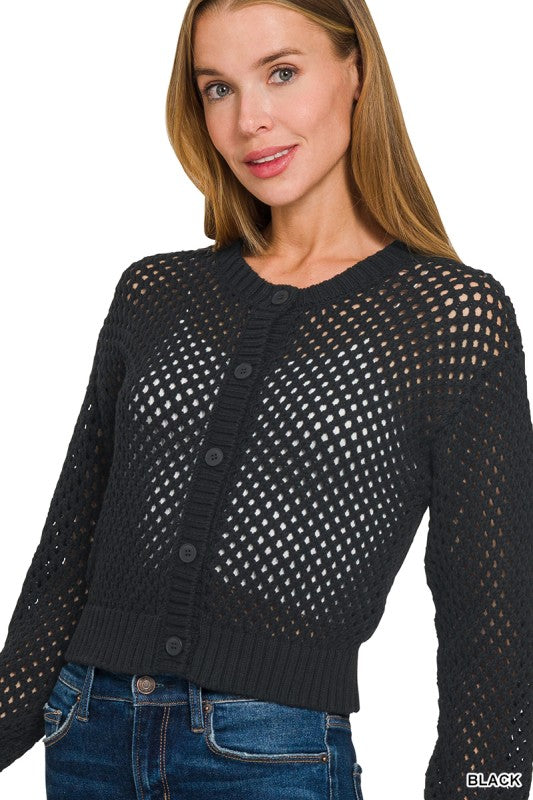 Lanie Open Weave Crochet Cardigan – Lightweight Button Front Sweater