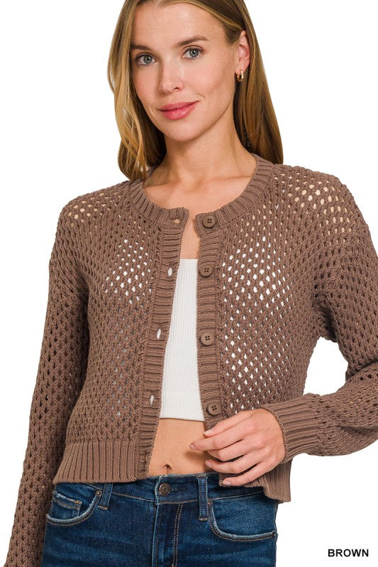 Lanie Open Weave Crochet Cardigan – Lightweight Button Front Sweater