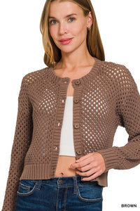 Lanie Open Weave Crochet Cardigan – Lightweight Button Front Sweater