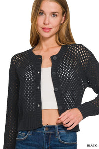 Lanie Open Weave Crochet Cardigan – Lightweight Button Front Sweater