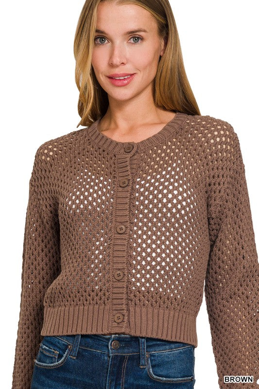 Lanie Open Weave Crochet Cardigan – Lightweight Button Front Sweater