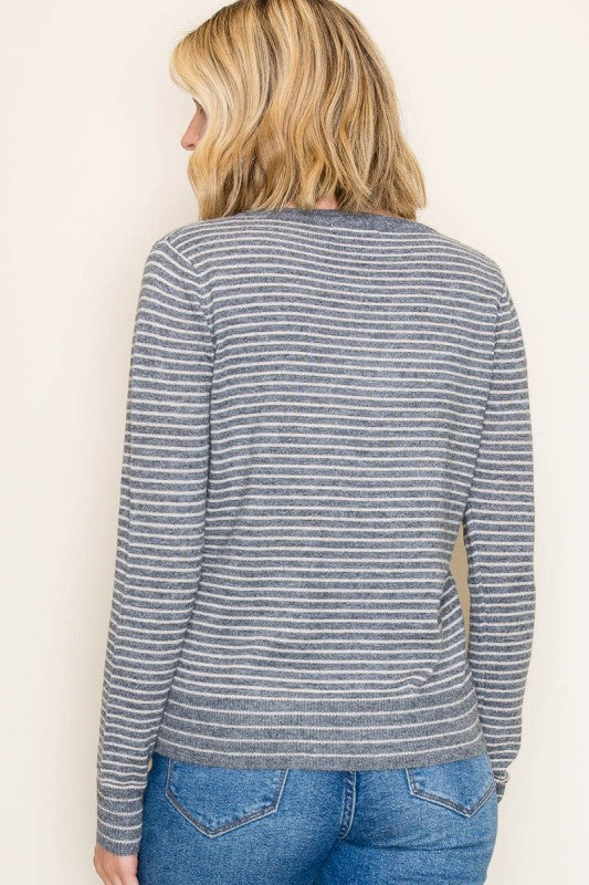 Staccato Striped Crew Neck Pullover Sweater – Charcoal & White Long Sleeve Knit
