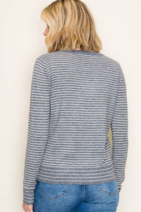 Staccato Striped Crew Neck Pullover Sweater – Charcoal & White Long Sleeve Knit