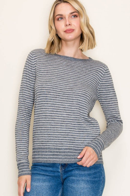 Staccato Striped Crew Neck Pullover Sweater – Charcoal & White Long Sleeve Knit