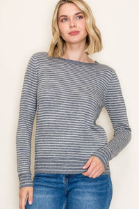 Staccato Striped Crew Neck Pullover Sweater – Charcoal & White Long Sleeve Knit