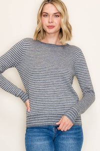 Staccato Striped Crew Neck Pullover Sweater – Charcoal & White Long Sleeve Knit