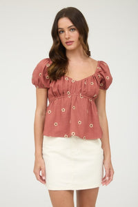 Rosewood Meadow Puff Sleeve Daisy Top – Square Neck Floral Blouse