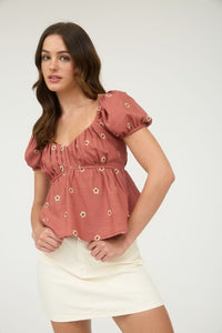 Rosewood Meadow Puff Sleeve Daisy Top – Square Neck Floral Blouse