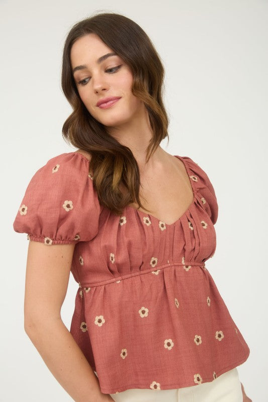 Rosewood Meadow Puff Sleeve Daisy Top – Square Neck Floral Blouse